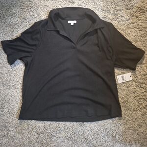 Classic Black Ribbed Polo Collar Women's Top